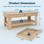 Table basse rustique en noyer pour salon - Table rectangulaire longue - Design robuste à quatre pieds - Tiroir et étagère ouverte de rangement