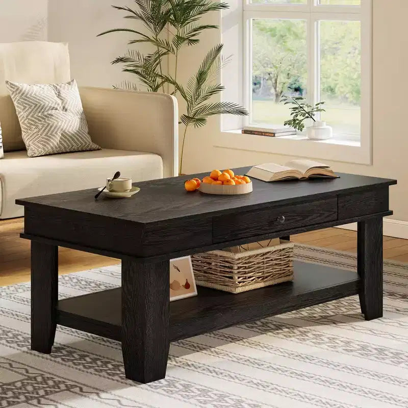 Table basse rustique en noyer pour salon - Table rectangulaire longue - Design robuste à quatre pieds - Tiroir et étagère ouverte de rangement