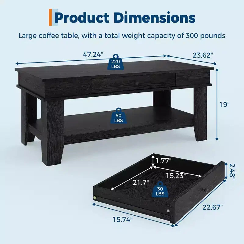 Table basse rustique en noyer pour salon - Table rectangulaire longue - Design robuste à quatre pieds - Tiroir et étagère ouverte de rangement