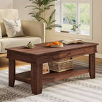Table basse rustique en noyer pour salon - Table rectangulaire longue - Design robuste à quatre pieds - Tiroir et étagère ouverte de rangement