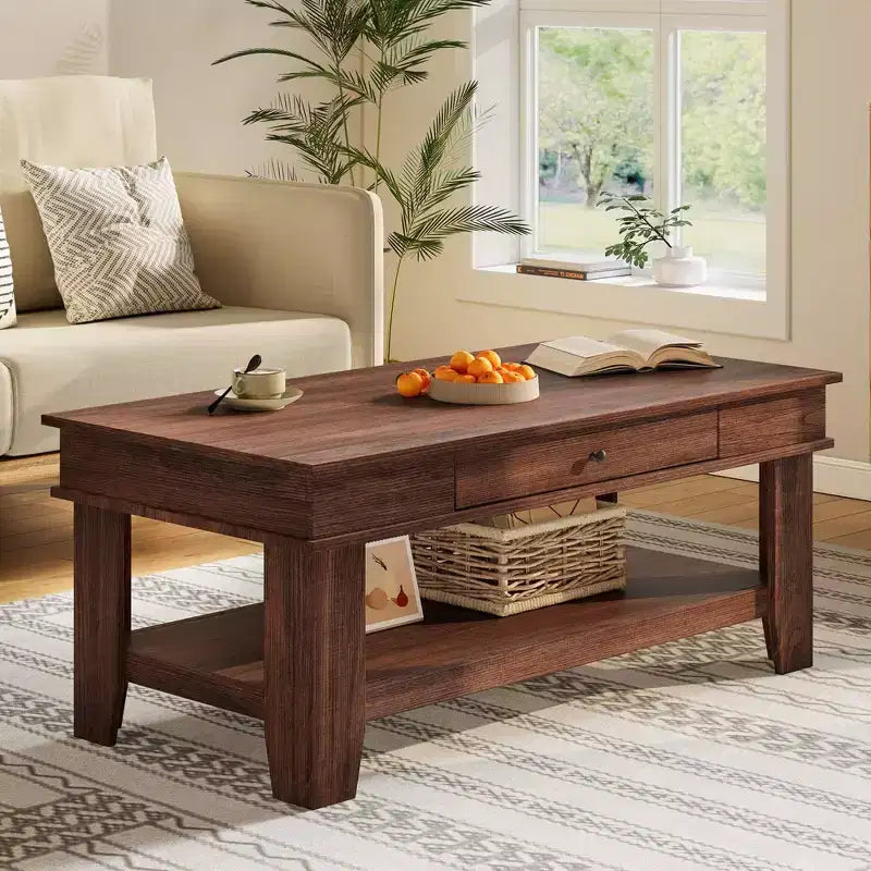 Table basse rustique en noyer pour salon - Table rectangulaire longue - Design robuste à quatre pieds - Tiroir et étagère ouverte de rangement