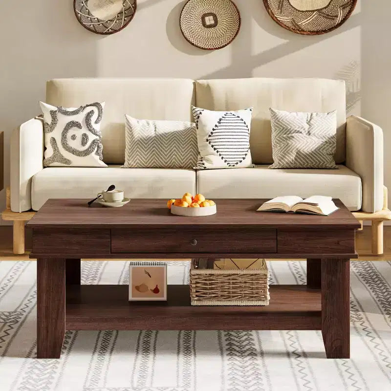 Table basse rustique en noyer pour salon - Table rectangulaire longue - Design robuste à quatre pieds - Tiroir et étagère ouverte de rangement