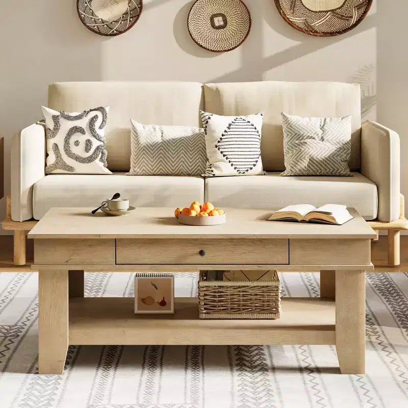 Table basse rustique en noyer pour salon - Table rectangulaire longue - Design robuste à quatre pieds - Tiroir et étagère ouverte de rangement