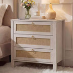 Modern Rattan Nightstand with 3 Drawers, Wooden Bedside Table with Golden Handle, End Side Table for Bedroom, Living Room, 1PC