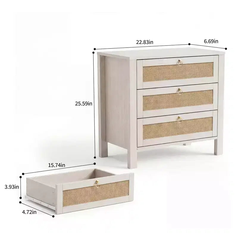 Table de chevet moderne en rotin avec 3 tiroirs, table de chevet en bois avec poignée dorée, table d'appoint pour chambre, salon, 1 pièce