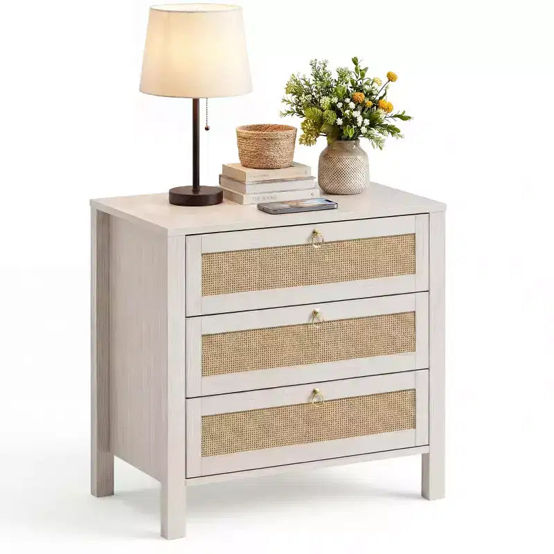 Table de chevet moderne en rotin avec 3 tiroirs, table de chevet en bois avec poignée dorée, table d'appoint pour chambre, salon, 1 pièce