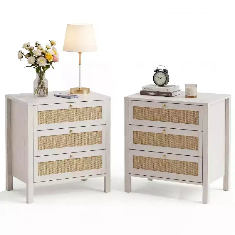 Table de chevet moderne en rotin avec 3 tiroirs, table de chevet en bois avec poignée dorée, table d'appoint pour chambre, salon, 1 pièce