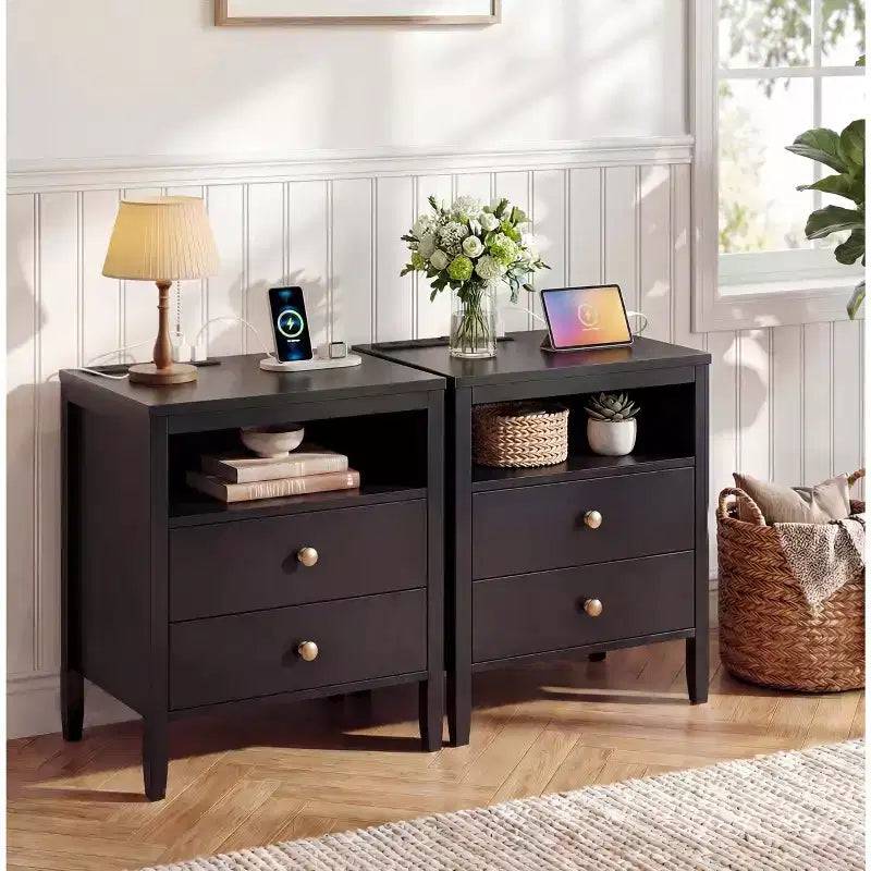 Modern Nightstand, Wooden Bedside Table with 2 Drawers & Open Shelf, Farmhouse End Table, Sofa Side Table for Bedroom, Office, Living Room