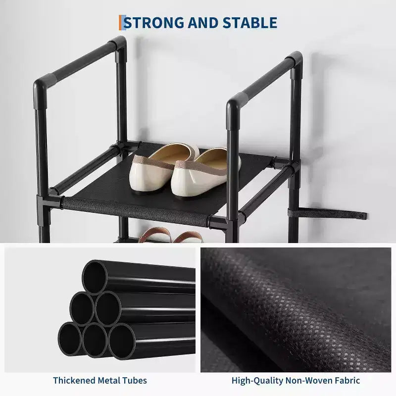 Étagère à chaussures métallique à 10 niveaux, range-chaussures haut et peu encombrant avec étagères en tissu amovibles pour placard, entrée, chambre à coucher