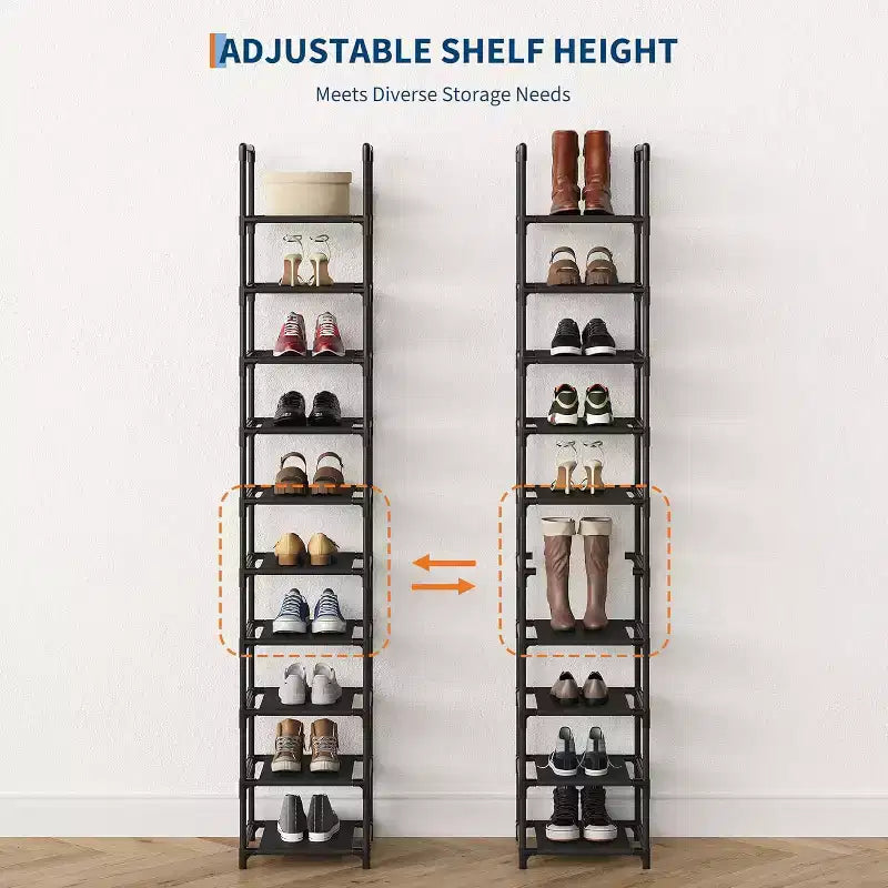 Étagère à chaussures métallique à 10 niveaux, range-chaussures haut et peu encombrant avec étagères en tissu amovibles pour placard, entrée, chambre à coucher