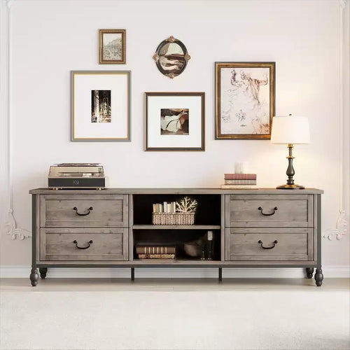 64.6 Mid-Century Modern TV Stand with Storage, Entertainment Center Featuring Metal Roman Columns and Drawer, TV Console Table for Living Room