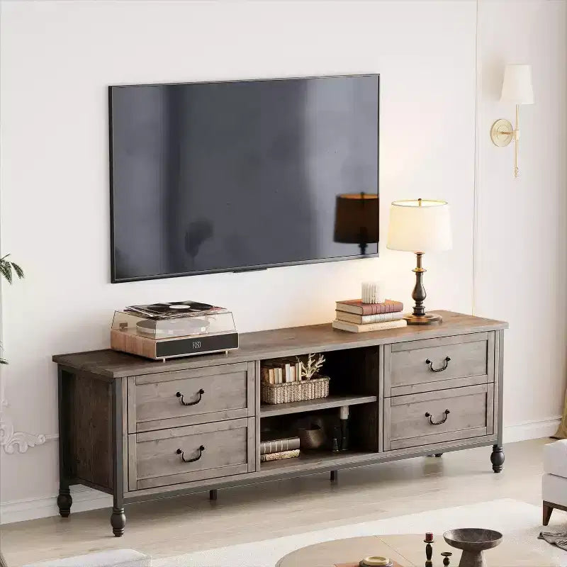Meuble TV moderne du milieu du siècle de 64,6 po avec rangement, centre de divertissement avec colonnes romaines en métal et tiroir, table console TV pour salon