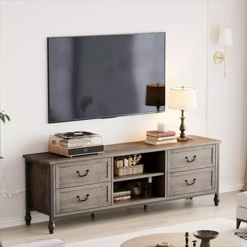 Meuble TV moderne du milieu du siècle de 64,6 po avec rangement, centre de divertissement avec colonnes romaines en métal et tiroir, table console TV pour salon