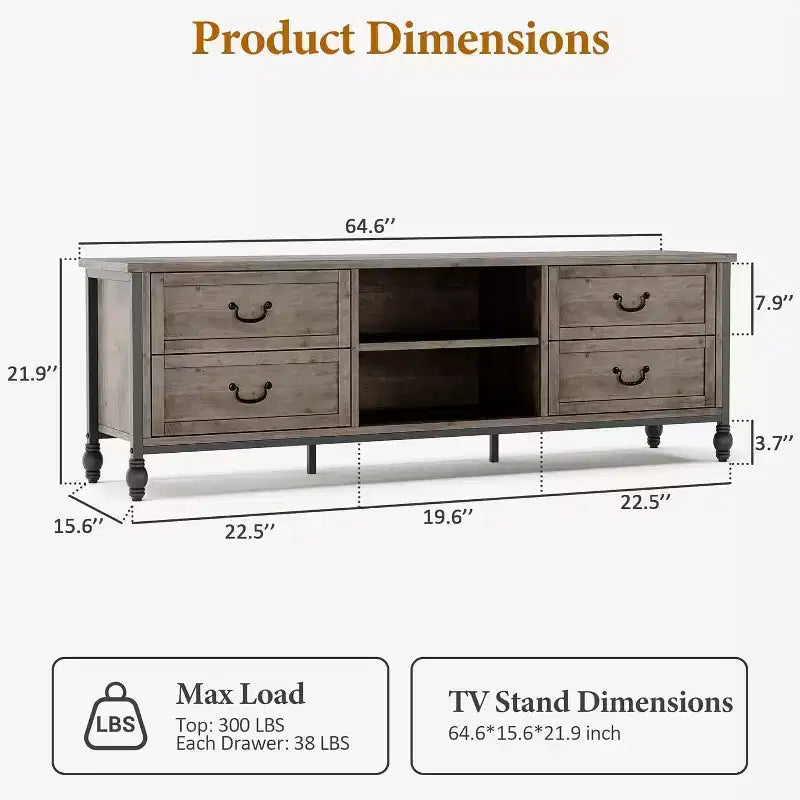 Meuble TV moderne du milieu du siècle de 64,6 po avec rangement, centre de divertissement avec colonnes romaines en métal et tiroir, table console TV pour salon