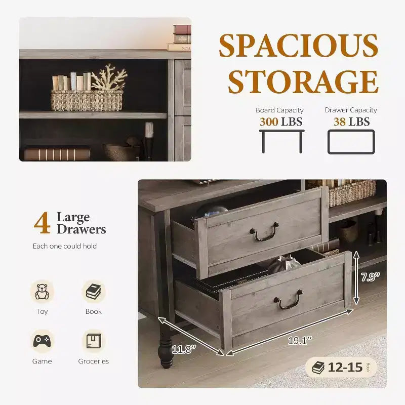 Meuble TV moderne du milieu du siècle de 64,6 po avec rangement, centre de divertissement avec colonnes romaines en métal et tiroir, table console TV pour salon