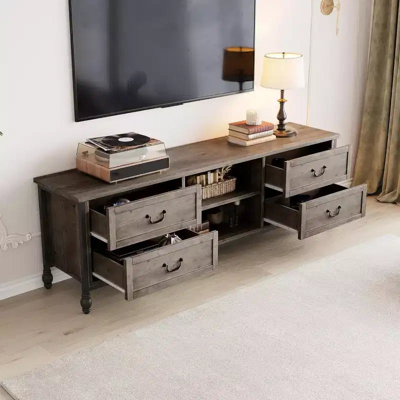 Meuble TV moderne du milieu du siècle de 64,6 po avec rangement, centre de divertissement avec colonnes romaines en métal et tiroir, table console TV pour salon