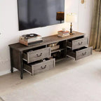 Meuble TV moderne du milieu du siècle de 64,6 po avec rangement, centre de divertissement avec colonnes romaines en métal et tiroir, table console TV pour salon