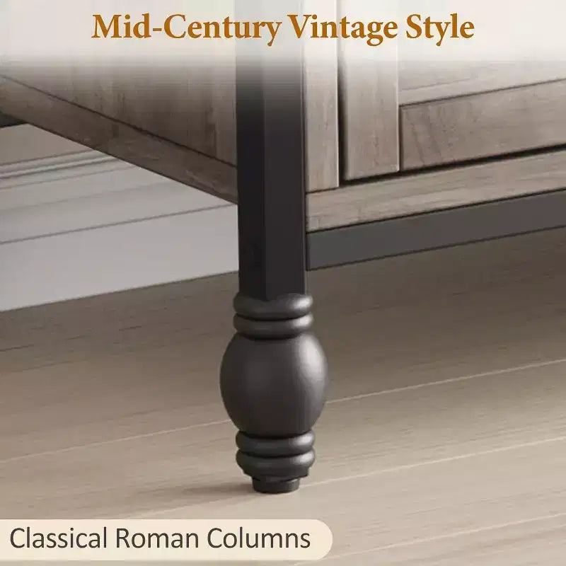 Meuble TV moderne du milieu du siècle de 64,6 po avec rangement, centre de divertissement avec colonnes romaines en métal et tiroir, table console TV pour salon