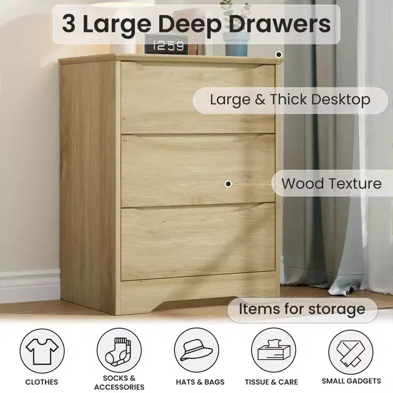 Commode haute en bois à 3 tiroirs, commode moderne avec rangement profond et plateau large, armoire de rangement longue pour chambre à coucher, salon, couloir et chambre d'enfant