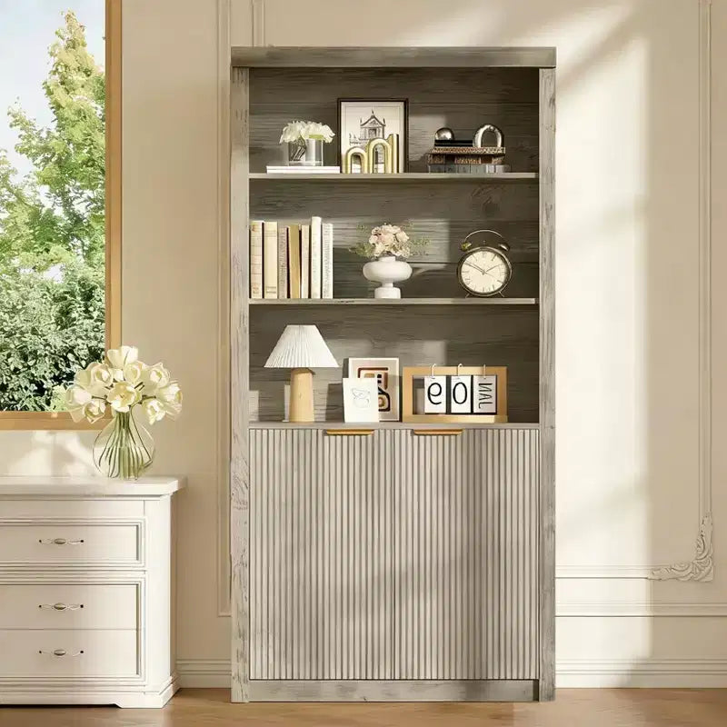 Tall 5-Tier Bookcase with Doors and Drawer  31.5'' W Modern Freestanding Bookshelf, Adjustable Storage Cabinet for Home Office or Living Room