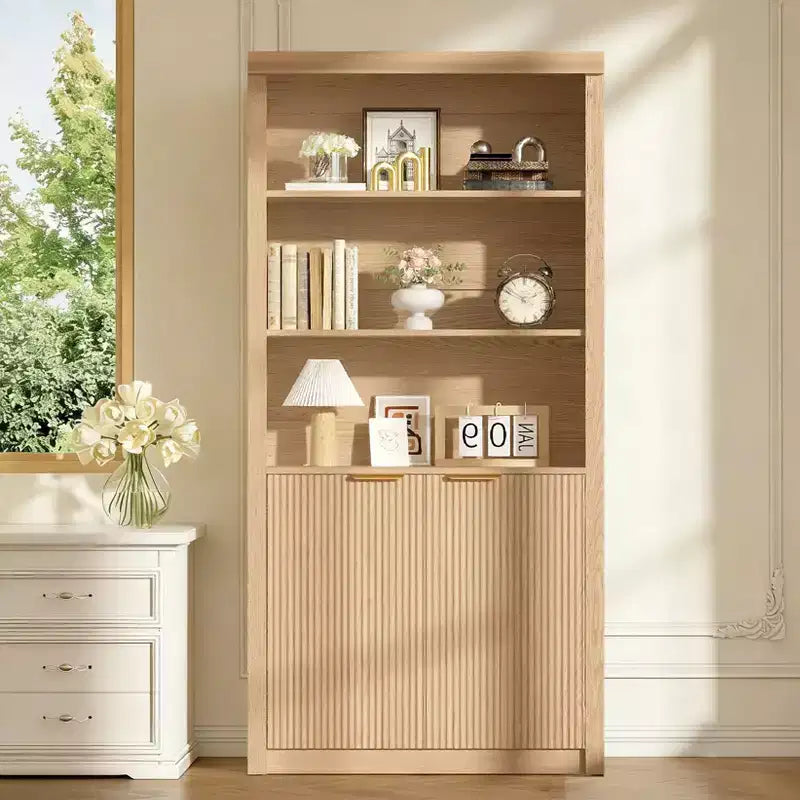 Bibliothèque haute à 5 niveaux avec portes et tiroir, 80 cm de large, étagère moderne autoportante, meuble de rangement réglable pour bureau à domicile ou salon