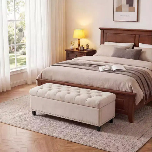 Banc de rangement ottoman de 129 cm, banc de rangement capitonné rembourré pour bout de lit, banc d'entrée avec couvercle rabattable et charnière de sécurité à fermeture lente pour le salon