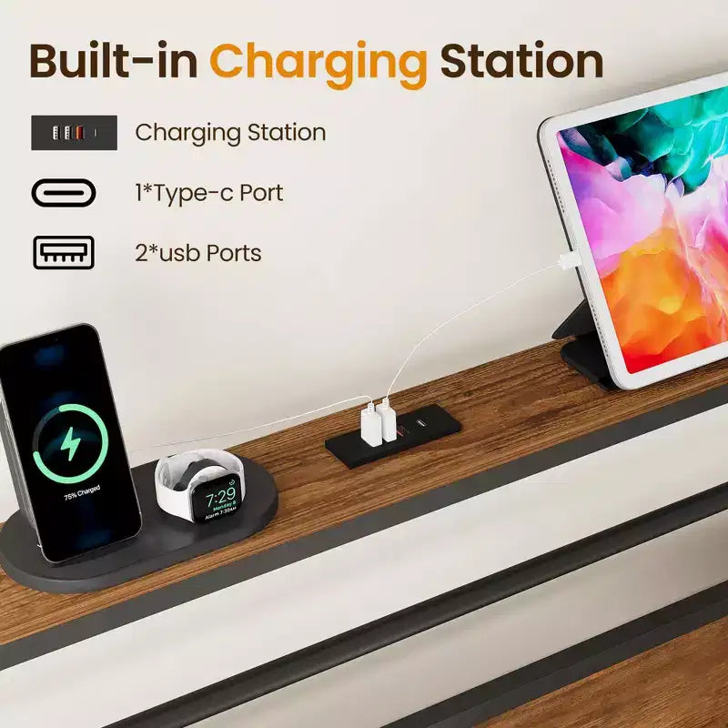 Cadre de lit double avec station de recharge, lattes métalliques, tête de lit capitonnée avec rangement, sommier tapissier non requis