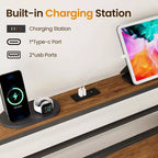 Cadre de lit double avec station de recharge, lattes métalliques, tête de lit capitonnée avec rangement, sommier tapissier non requis