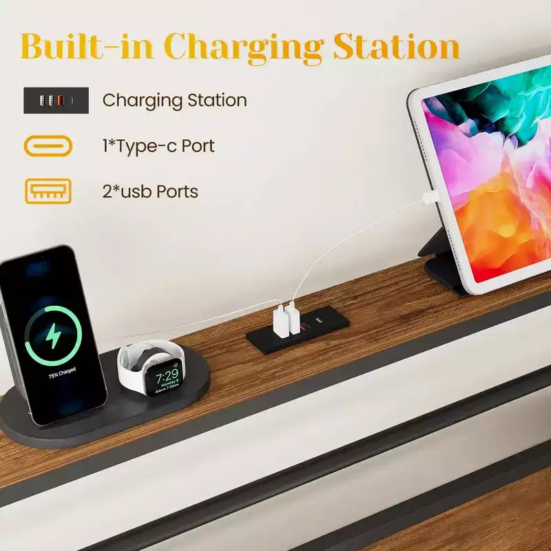 Cadre de lit double avec station de recharge, lattes métalliques, tête de lit capitonnée avec rangement, sommier tapissier non requis