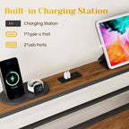 Cadre de lit double avec station de recharge, lattes métalliques, tête de lit capitonnée avec rangement, sommier tapissier non requis
