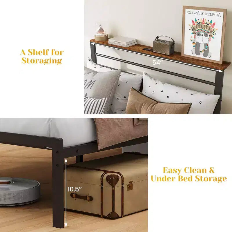 Cadre de lit double avec station de recharge, lattes métalliques, tête de lit capitonnée avec rangement, sommier tapissier non requis
