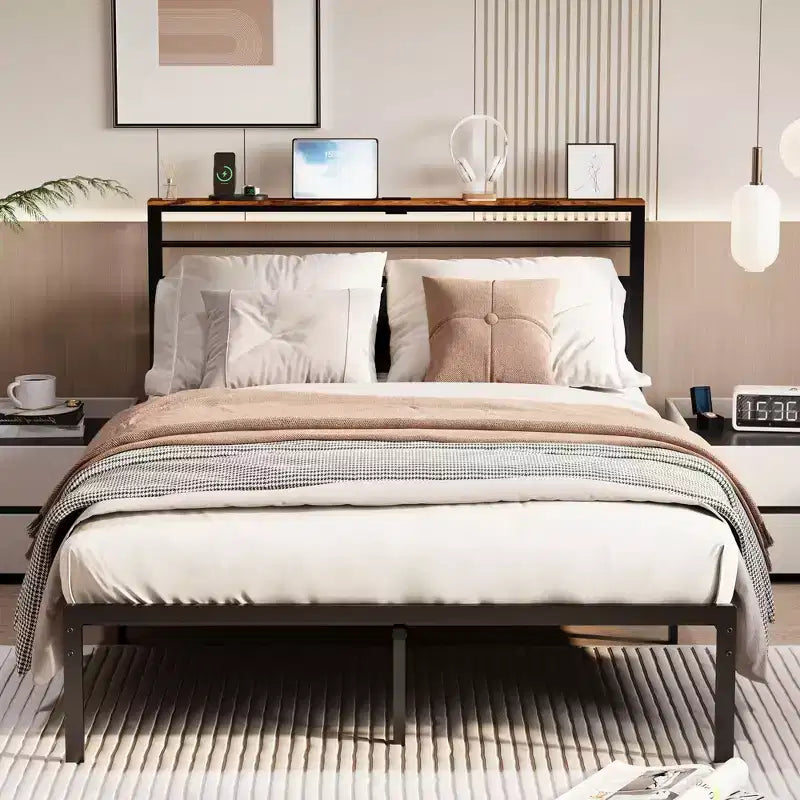 Full Size Bed Frame with Charging Station, Metal Slats, Upholstered Headboard with Storage, No Box Spring Needed