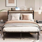 Full Size Bed Frame with Charging Station, Metal Slats, Upholstered Headboard with Storage, No Box Spring Needed