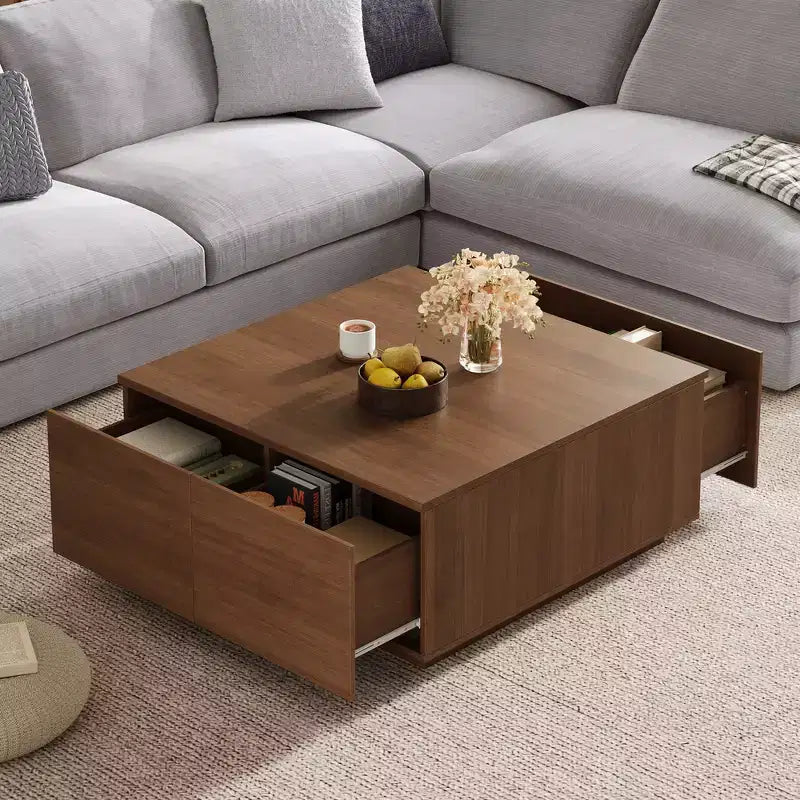 Table basse carrée Whisen en bois avec 4 tiroirs de rangement, finition classique pour salon