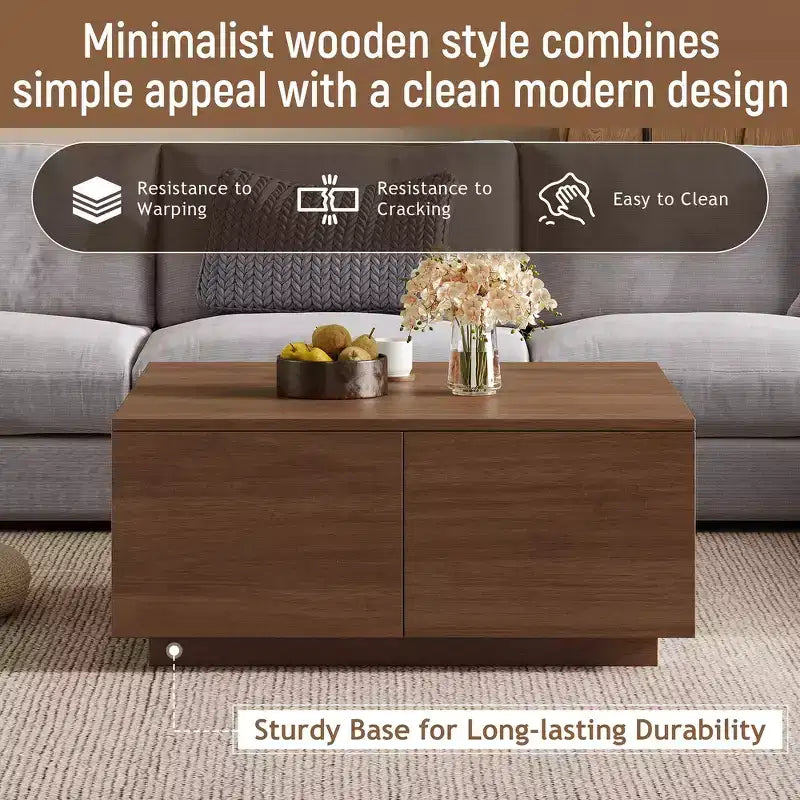 Table basse carrée Whisen en bois avec 4 tiroirs de rangement, finition classique pour salon
