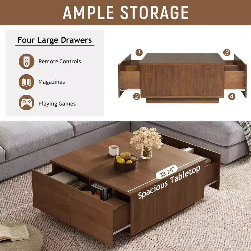 Table basse carrée Whisen en bois avec 4 tiroirs de rangement, finition classique pour salon
