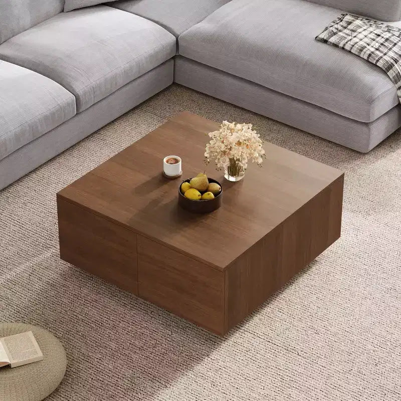 Table basse carrée Whisen en bois avec 4 tiroirs de rangement, finition classique pour salon