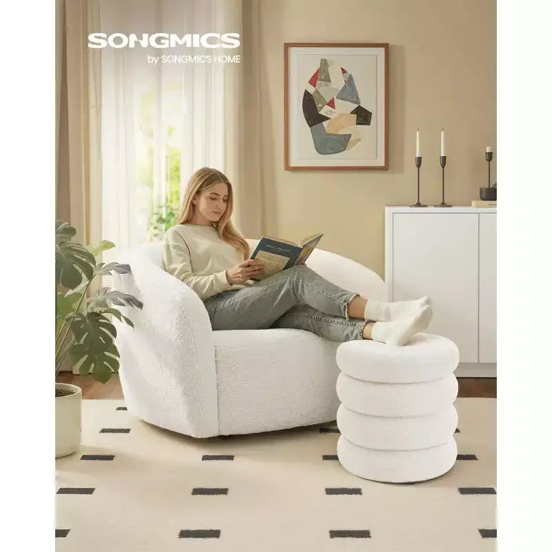 SONGMICS Tabouret de Coiffeuse, Pouf Rond avec Rangement, Rembourré, Couvercle Amovible, Montage Facile, 42,9 x 42,9 x 47 cm, Polaire Douce, Blanc