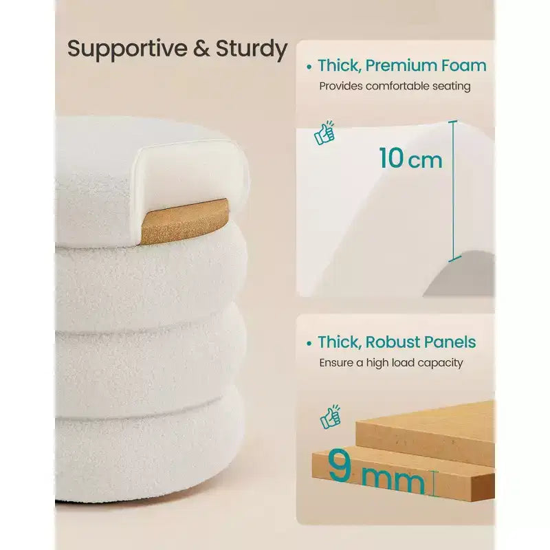 SONGMICS Tabouret de Coiffeuse, Pouf Rond avec Rangement, Rembourré, Couvercle Amovible, Montage Facile, 42,9 x 42,9 x 47 cm, Polaire Douce, Blanc