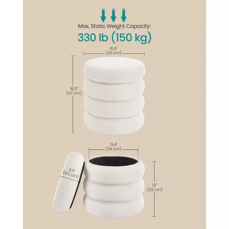 SONGMICS Tabouret de Coiffeuse, Pouf Rond avec Rangement, Rembourré, Couvercle Amovible, Montage Facile, 42,9 x 42,9 x 47 cm, Polaire Douce, Blanc