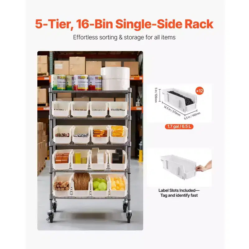 Étagère de rangement à bacs roulants VEVOR à 5 niveaux, 16 bacs de rangement, système d'étagères en fil d'acier avec roues, organisateur d'outils mobile, argent + blanc
