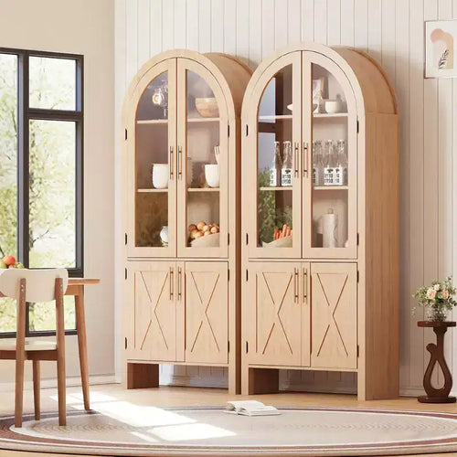 60 Tall Wood Arched Kitchen Pantry, Storage Cabinet with 4 Large Drawers & Adjustable Shelf, Multi-Use Cupboard for Entryway, Kitchen, Living Room