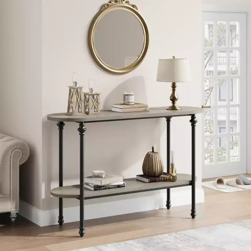 Console d'entrée, table de canapé étroite en bois à 2 niveaux avec étagère de rangement pour salon, entrée