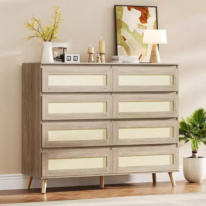 Commode en rotin à 8 tiroirs pour chambre à coucher, chiffonnier en bois avec rangement, armoire de rangement pour vêtements pour chambre d'enfant, salon, entrée