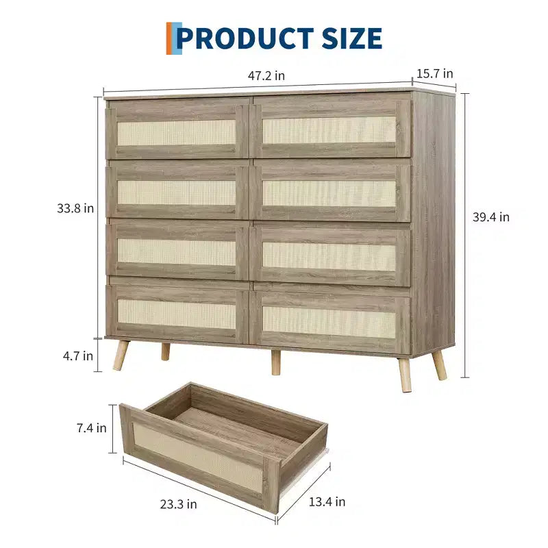 Commode en rotin à 8 tiroirs pour chambre à coucher, chiffonnier en bois avec rangement, armoire de rangement pour vêtements pour chambre d'enfant, salon, entrée