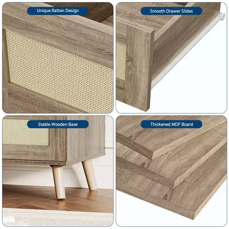Commode en rotin à 8 tiroirs pour chambre à coucher, chiffonnier en bois avec rangement, armoire de rangement pour vêtements pour chambre d'enfant, salon, entrée