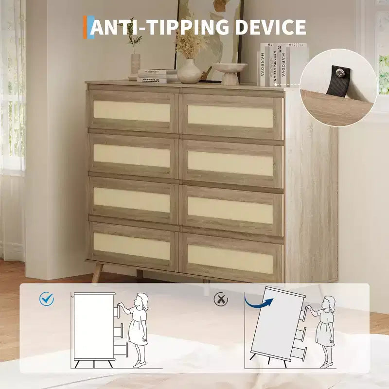Commode en rotin à 8 tiroirs pour chambre à coucher, chiffonnier en bois avec rangement, armoire de rangement pour vêtements pour chambre d'enfant, salon, entrée
