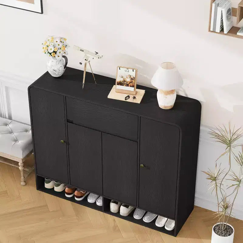 Meuble de rangement à chaussures autoportant de 120 cm avec 4 portes, 1 tiroir et coins arrondis, organiseur étroit grande capacité pour entrée, couloir et salon