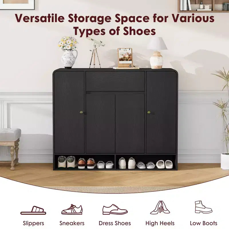 Meuble de rangement à chaussures autoportant de 120 cm avec 4 portes, 1 tiroir et coins arrondis, organiseur étroit grande capacité pour entrée, couloir et salon