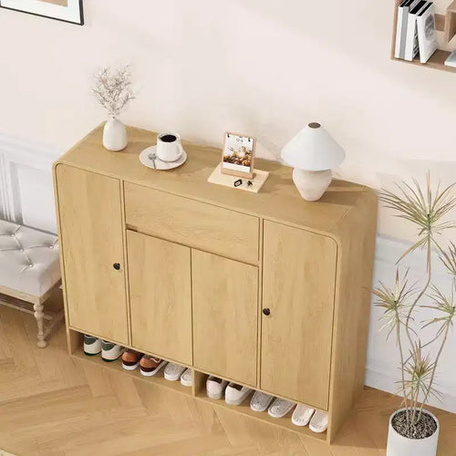 Meuble de rangement à chaussures autoportant de 120 cm avec 4 portes, 1 tiroir et coins arrondis, organiseur étroit grande capacité pour entrée, couloir et salon